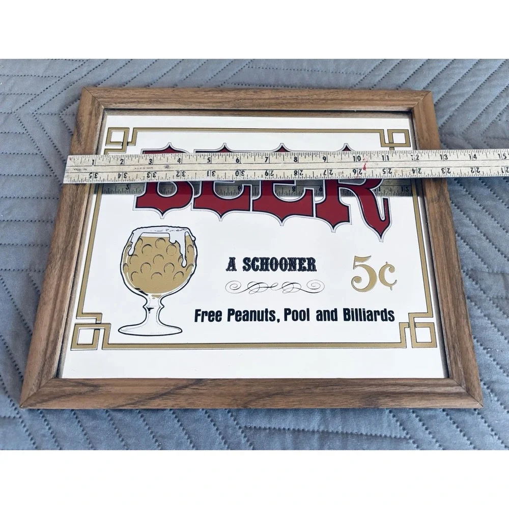 Vintage Beer 5 Cent Schooner Framed Mirror Bar Pub Sign Man Cave Garage 13 X 11